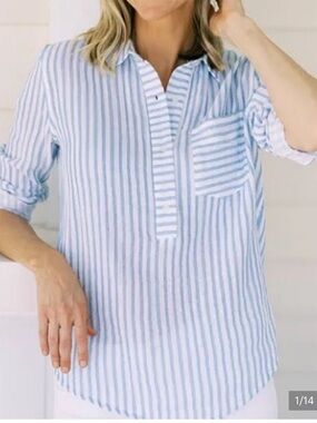 Alice Walk Organic Cotton Striped Popover in Blue & White, Women's size XSmall